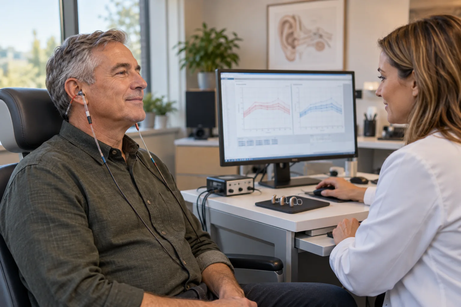 Audiologist verifying and fine-tuning hearing aids with probe microphone measurements