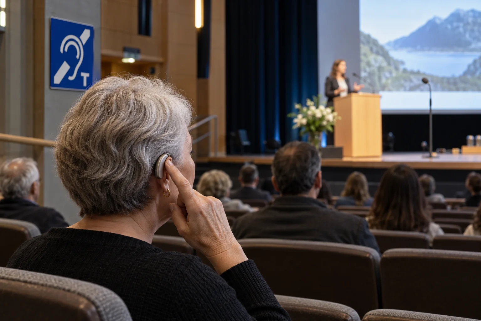 Hearing aid user accessing a public lecture through a venue hearing loop and telecoil