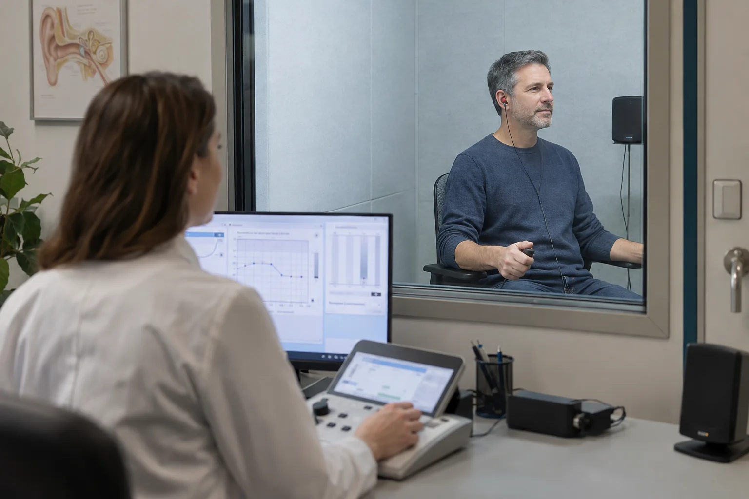 Adult completing a speech-in-noise hearing test in a calibrated audiology booth