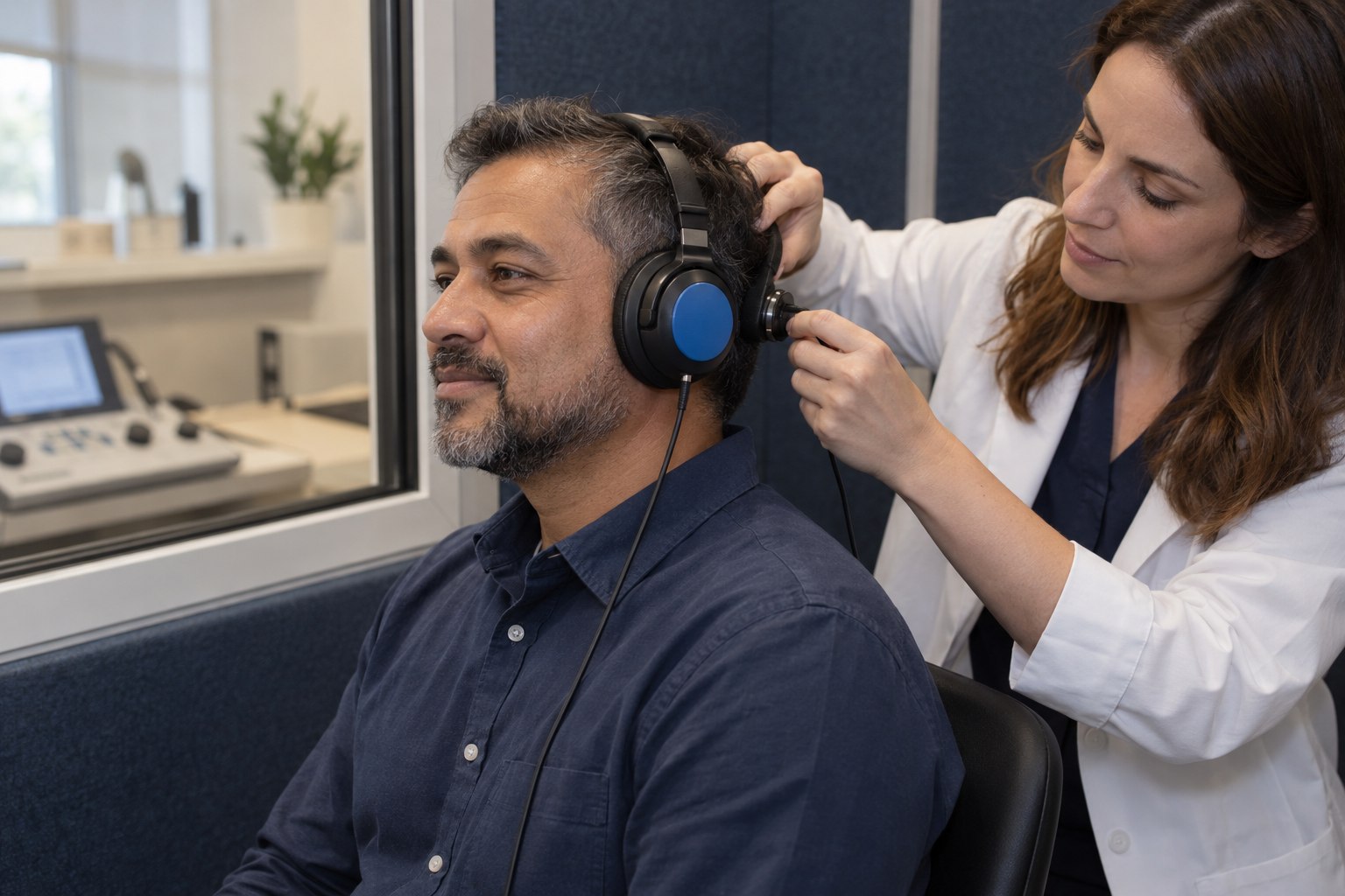Audiologist preparing air- and bone-conduction hearing tests with an adult patient
