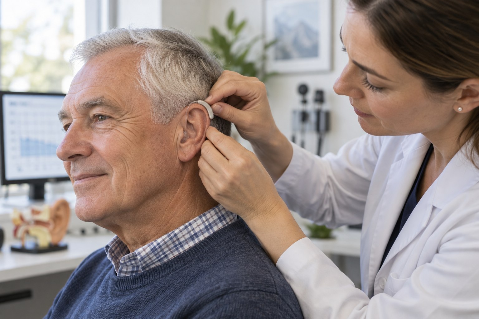 Audiologist checking the fit of a behind-the-ear hearing aid to troubleshoot feedback