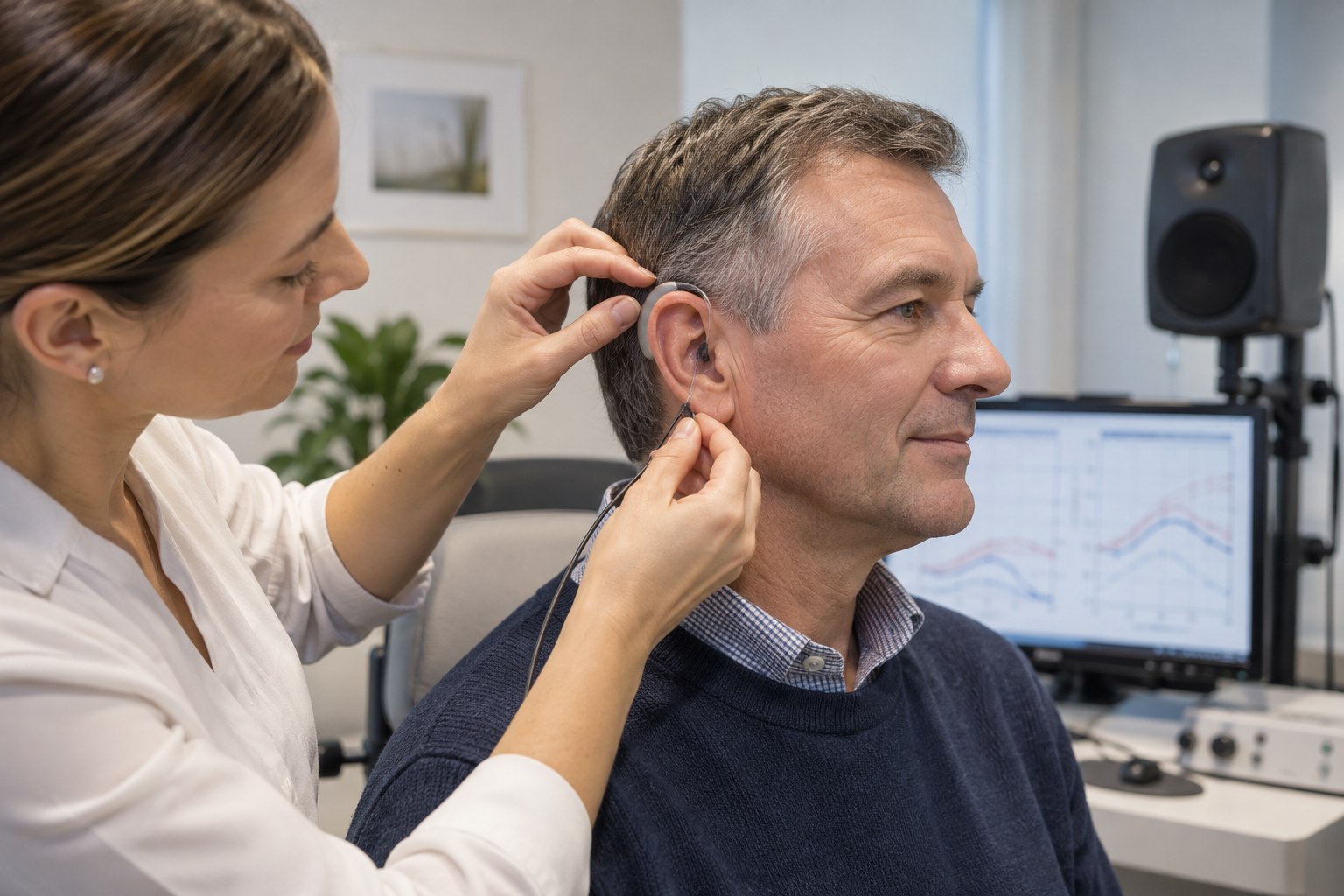 Audiologist performing probe-microphone real-ear measurement during a hearing-aid fitting