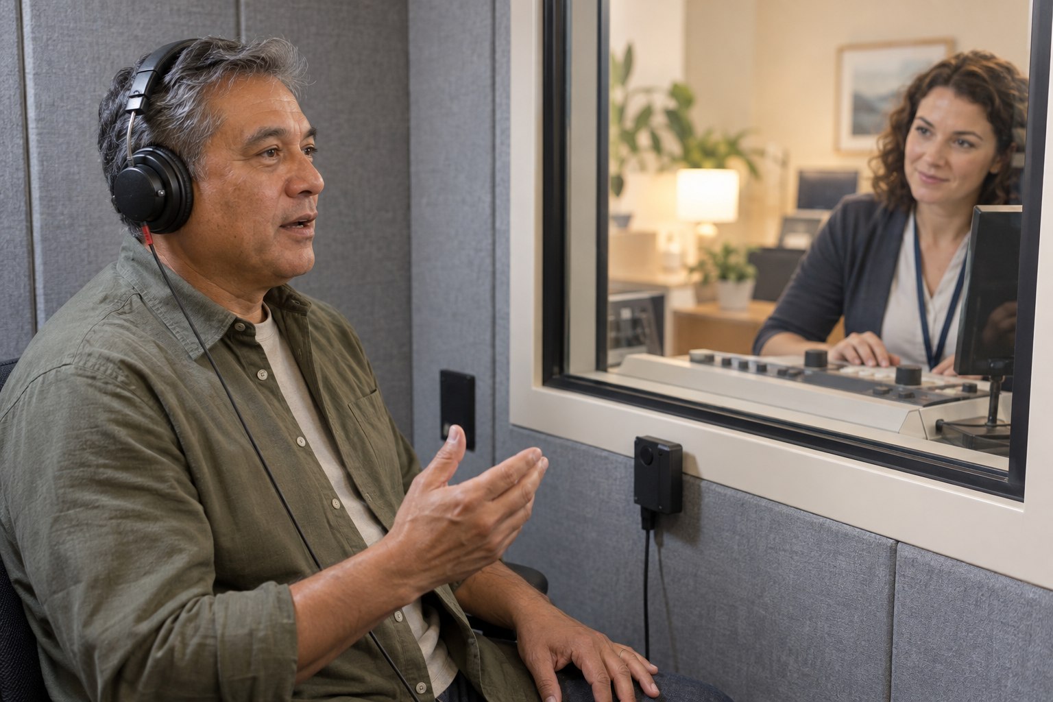 Adult completing a speech recognition test in an audiology booth