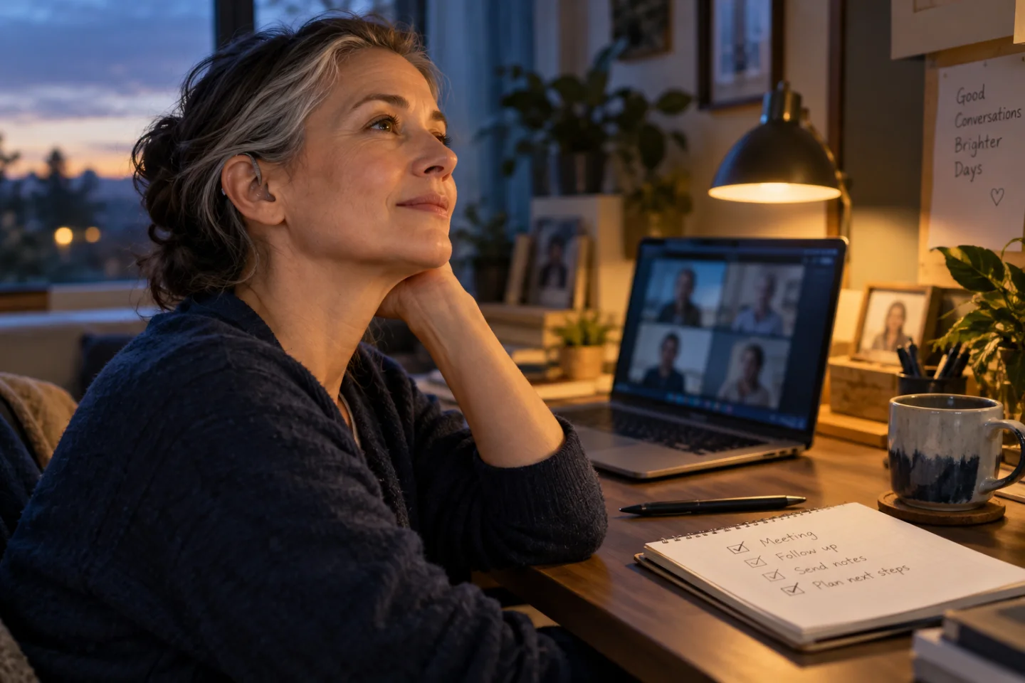 Hearing-aid user taking a planned break after a demanding video meeting