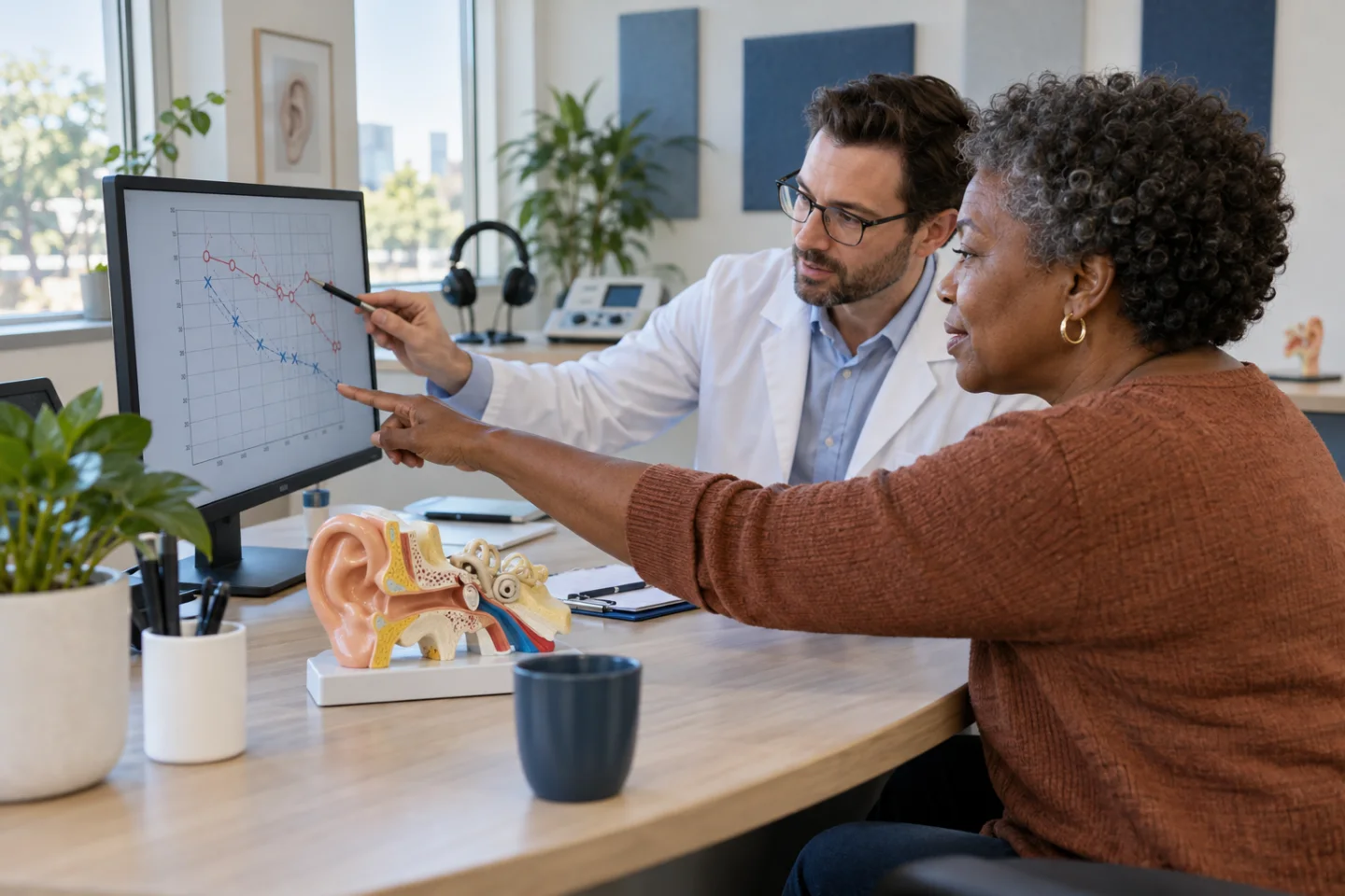 Adult and audiologist comparing air- and bone-conduction results beside an ear model