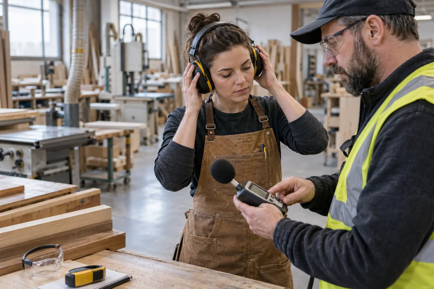Craftsperson fitting earmuffs while a safety specialist checks workplace sound level