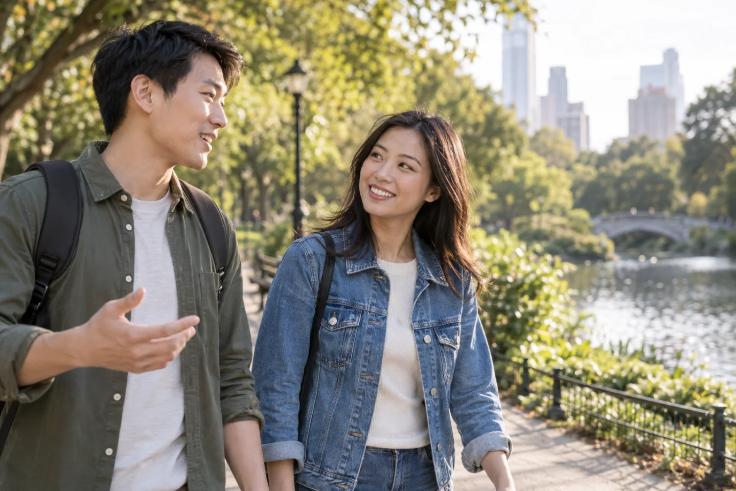 Two adults walking and positioning themselves for easier conversation in a park