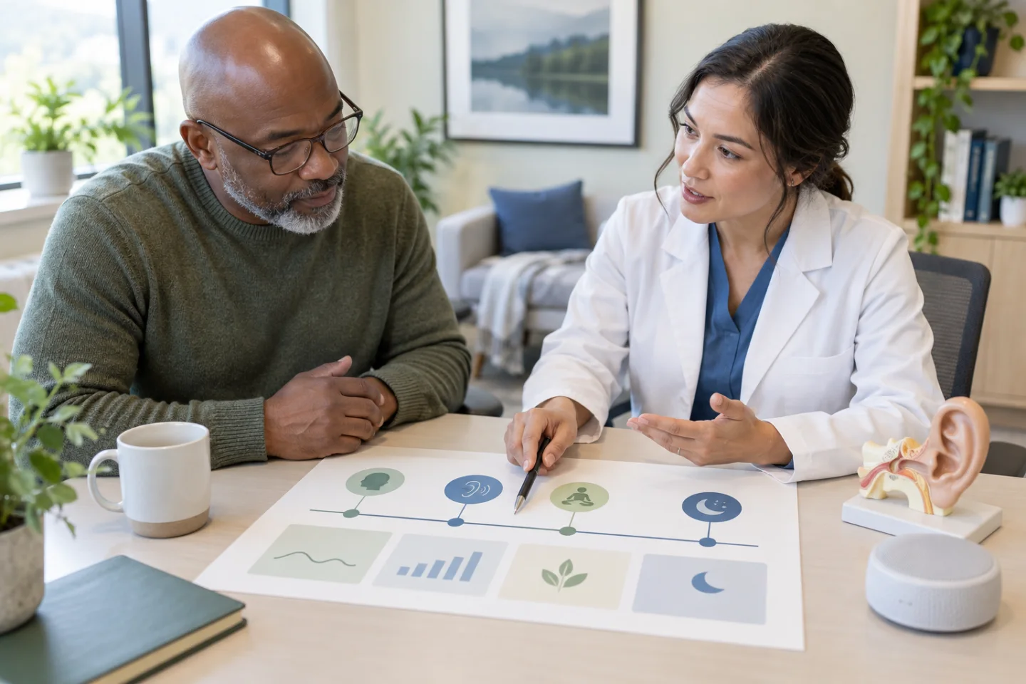Adult and clinician reviewing a tinnitus symptom timeline and practical support options