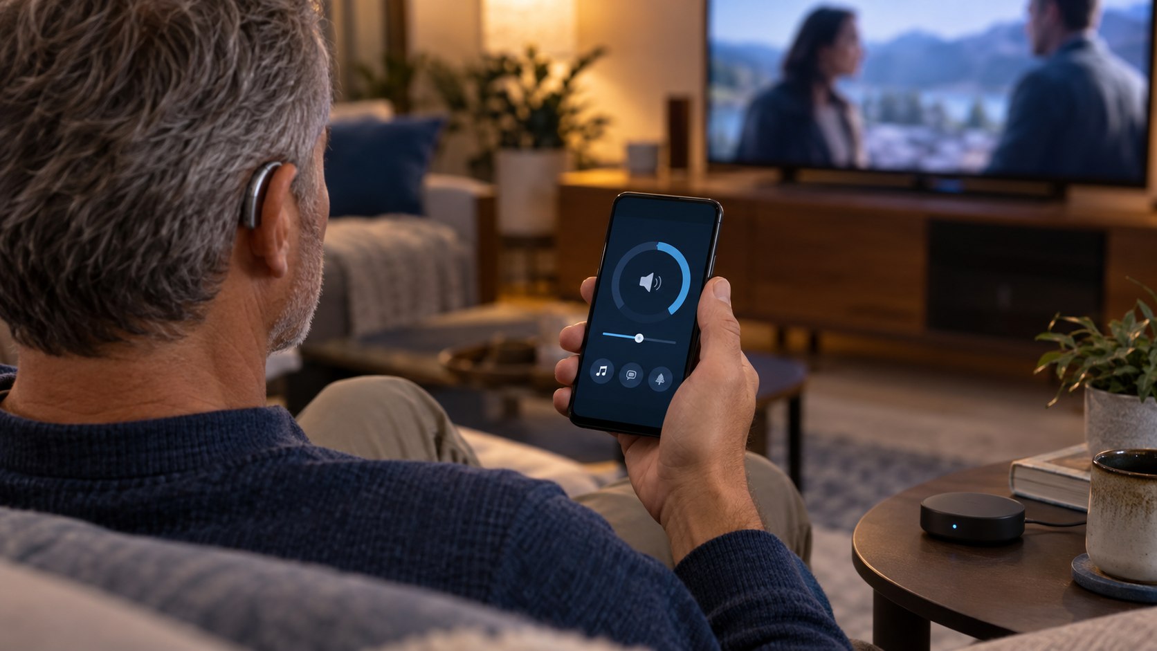 Adult using a smartphone to adjust a self-fitting hearing device