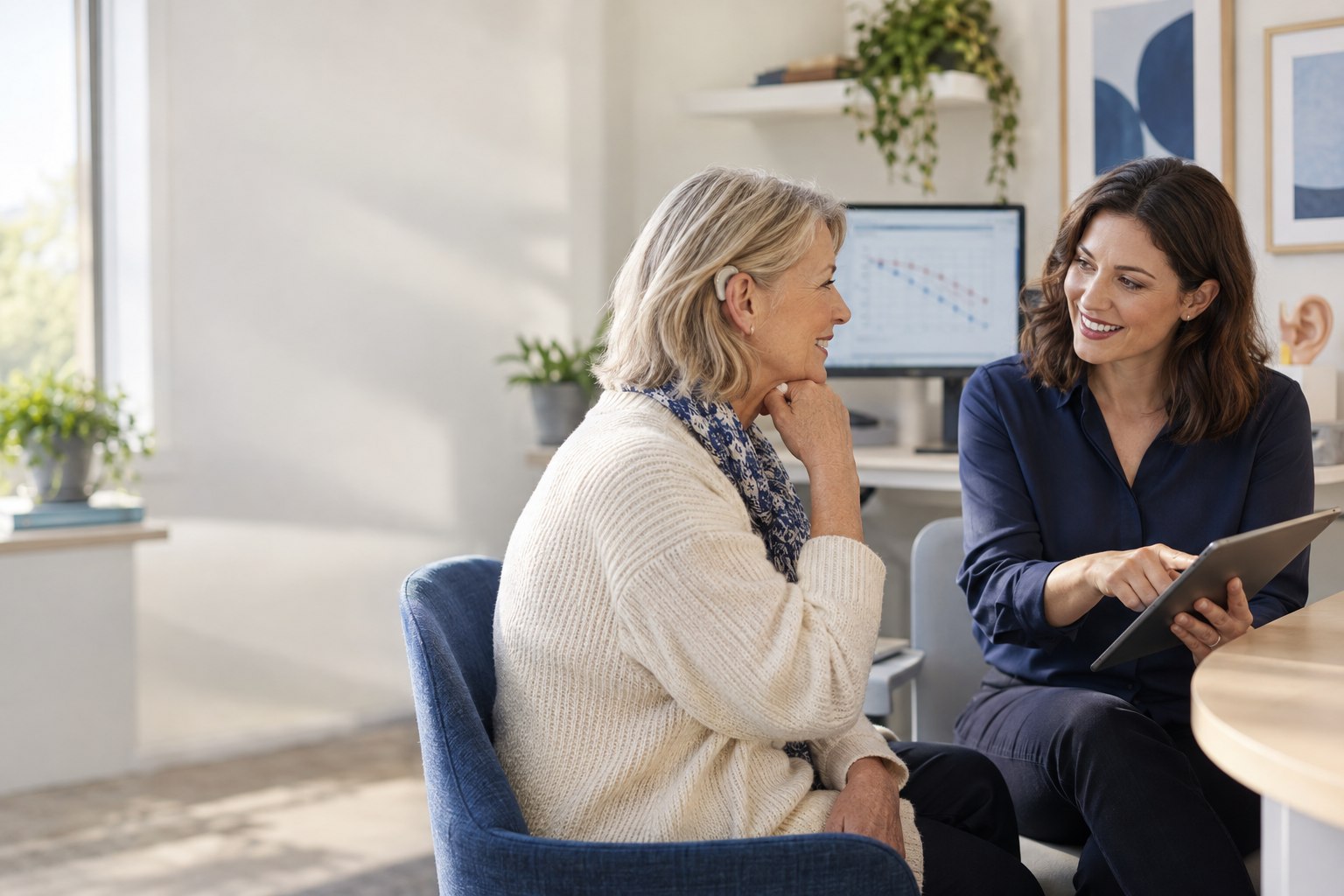 Hearing-aid user discussing how hearing results connect to daily communication