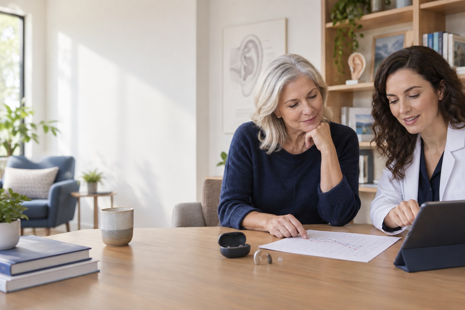 Adult reviewing an audiogram and hearing technology with an audiologist