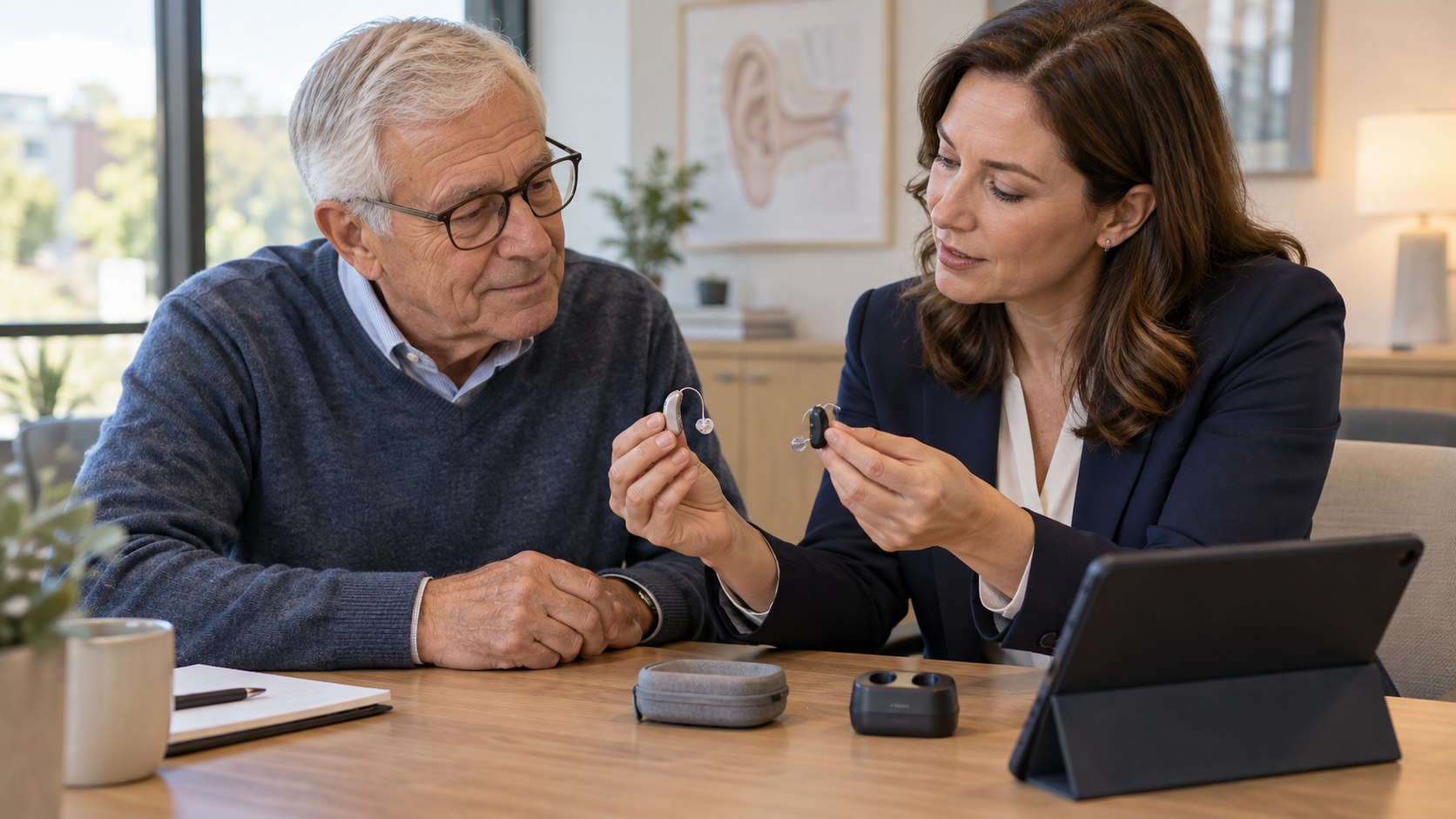 Adult comparing representative hearing product styles with an audiologist