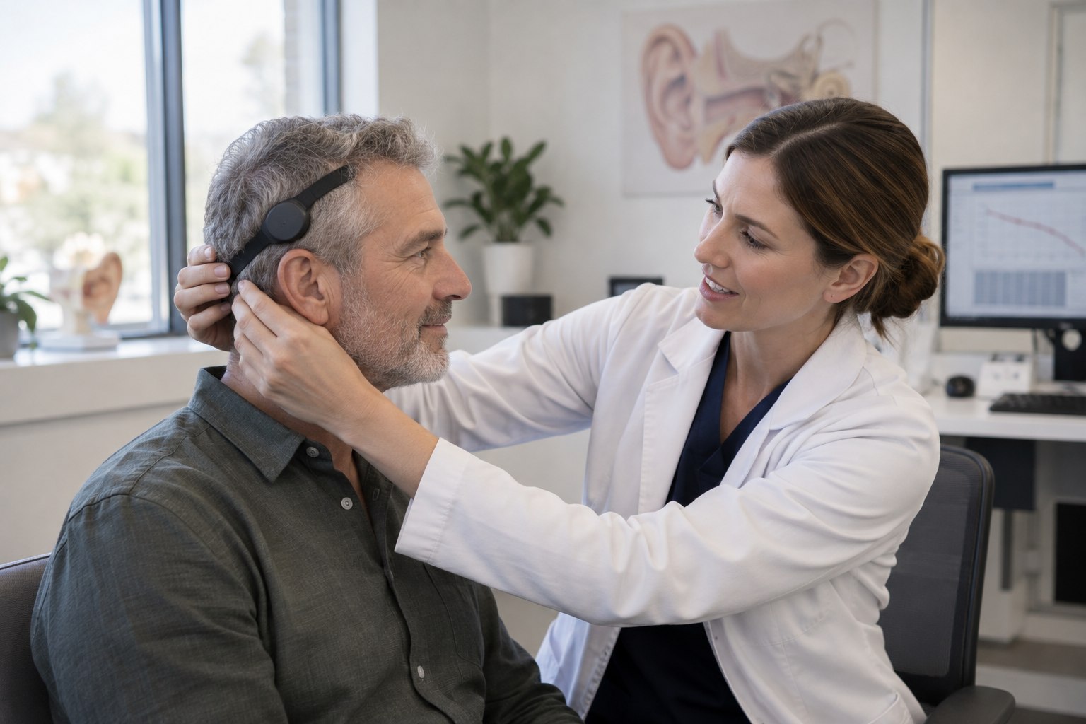 Adult trying a nonsurgical bone-conduction hearing system in a clinic