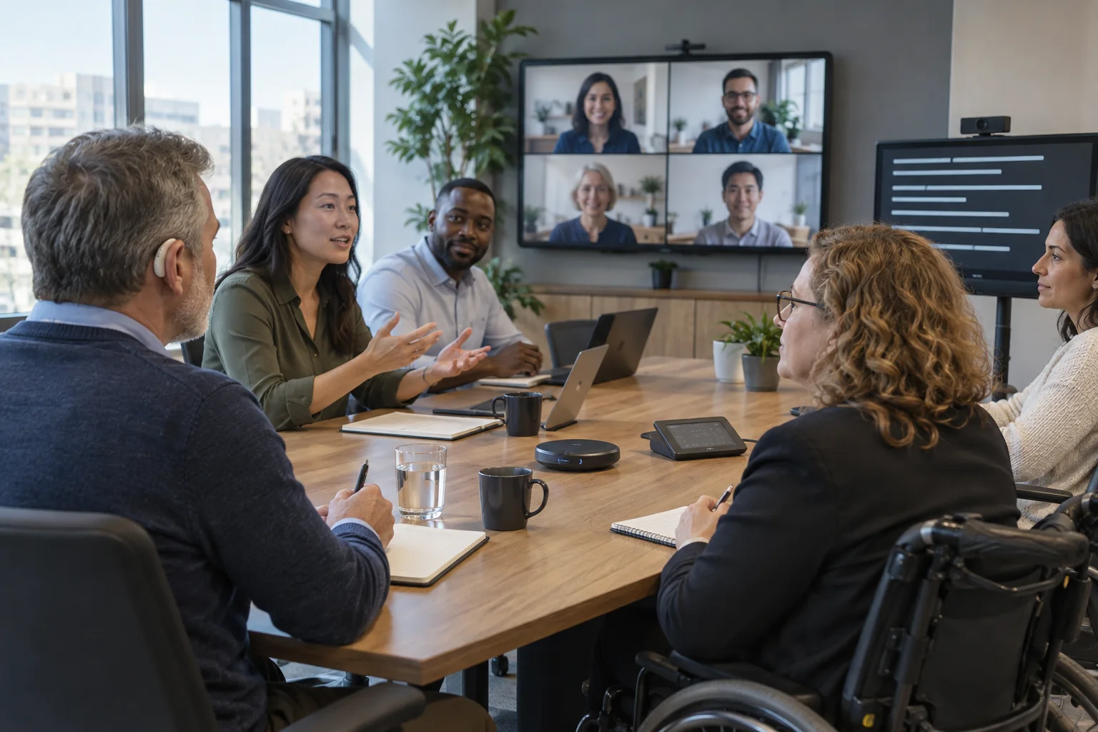 Hybrid workplace meeting using microphones, remote video and captions