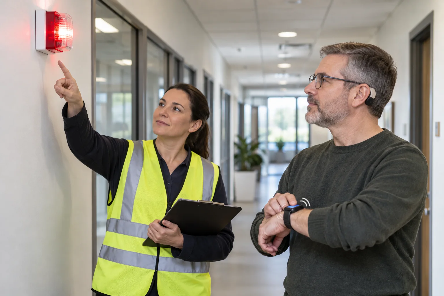 Employee and safety coordinator testing visual and tactile emergency alerts