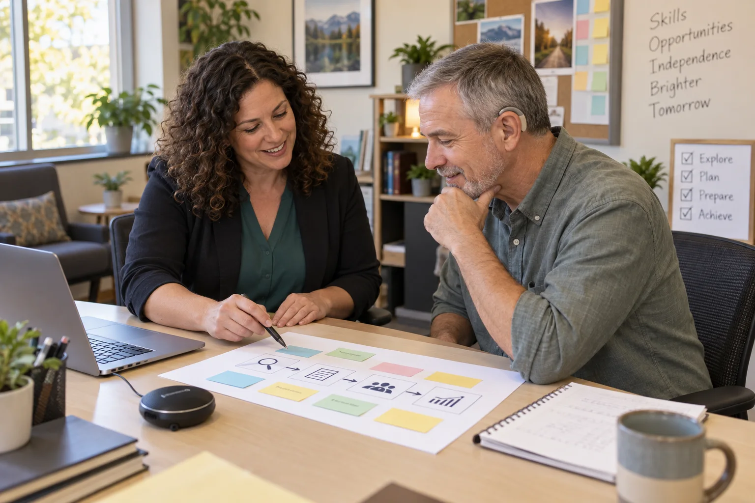 Vocational counselor and hearing aid user developing an individualized employment plan