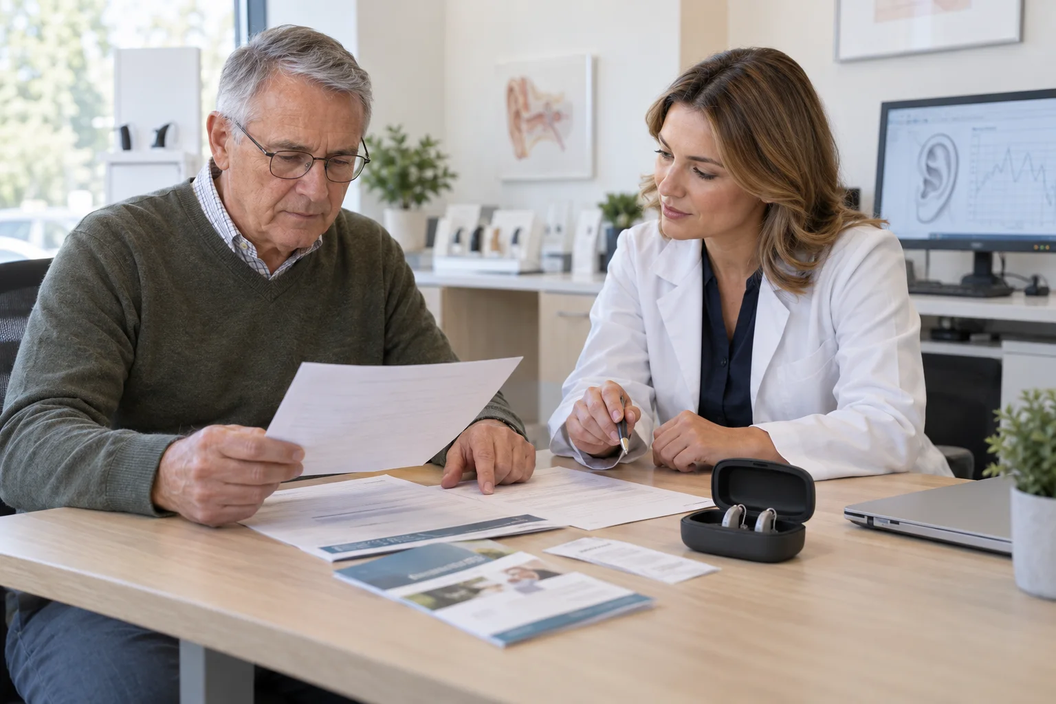 Adult reviewing hearing aid trial and return terms with an audiology professional