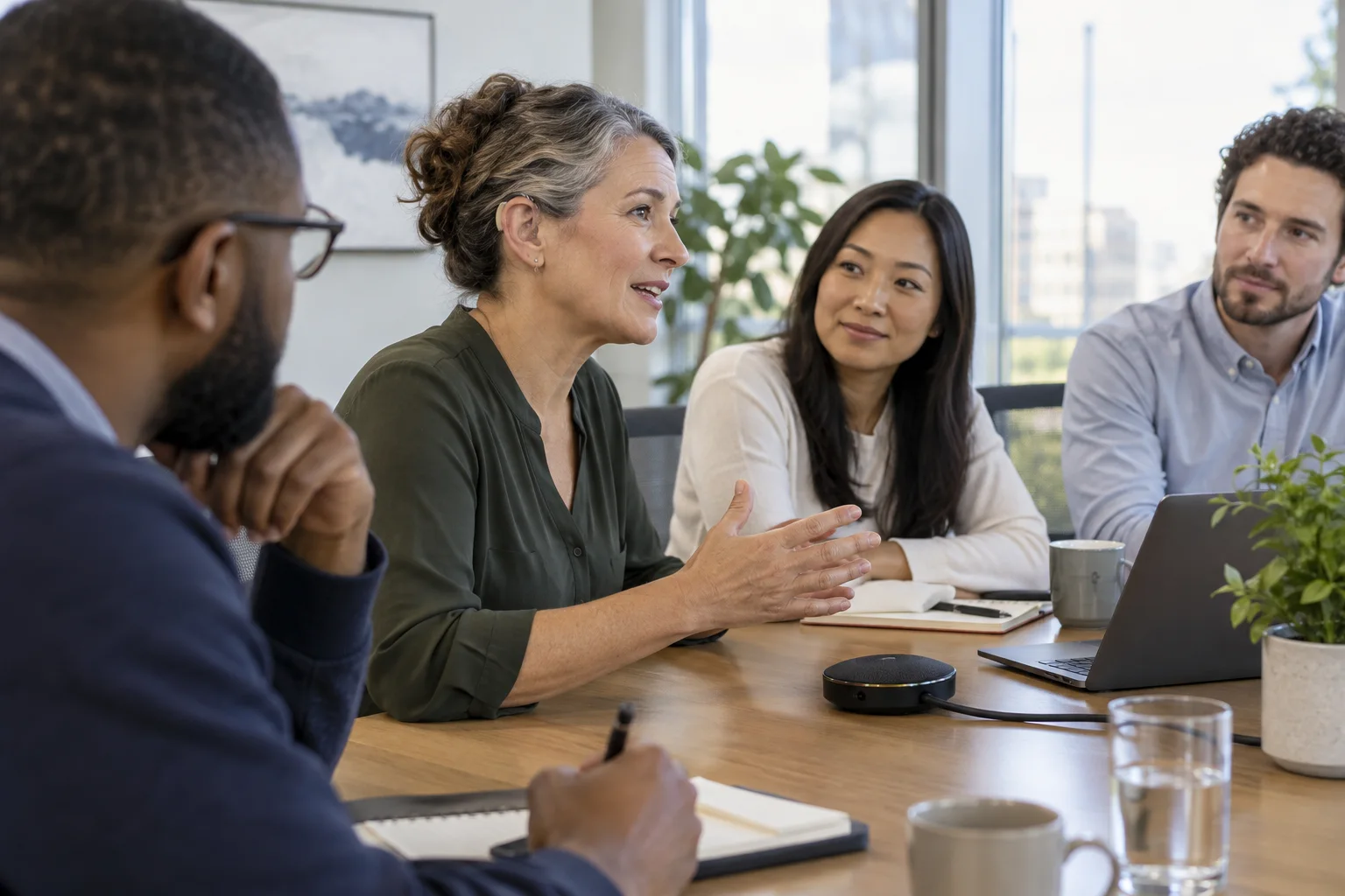 Professional with a hearing aid participating in an accessible team meeting with a tabletop microphone