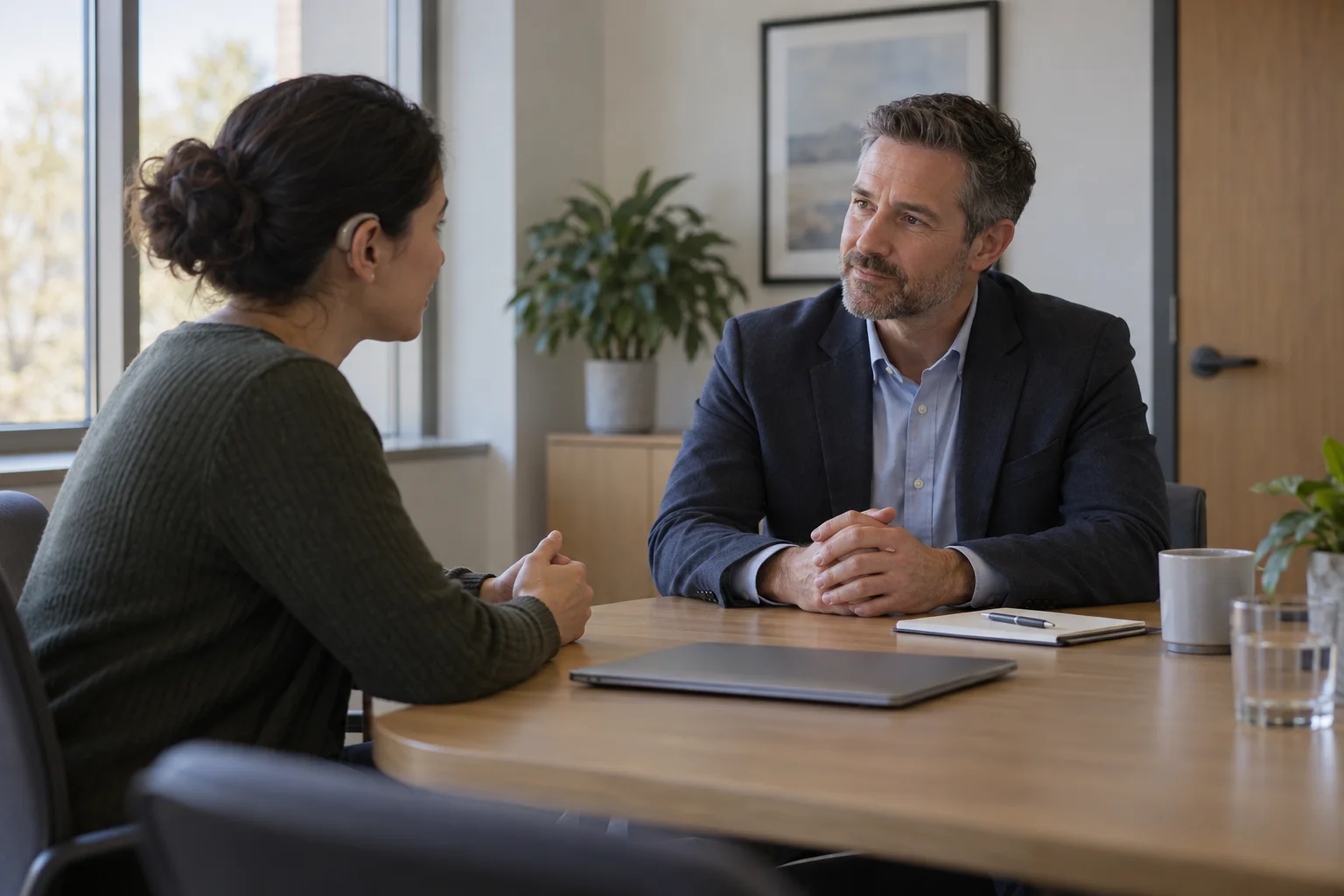 Professional having a private workplace disclosure conversation with a manager